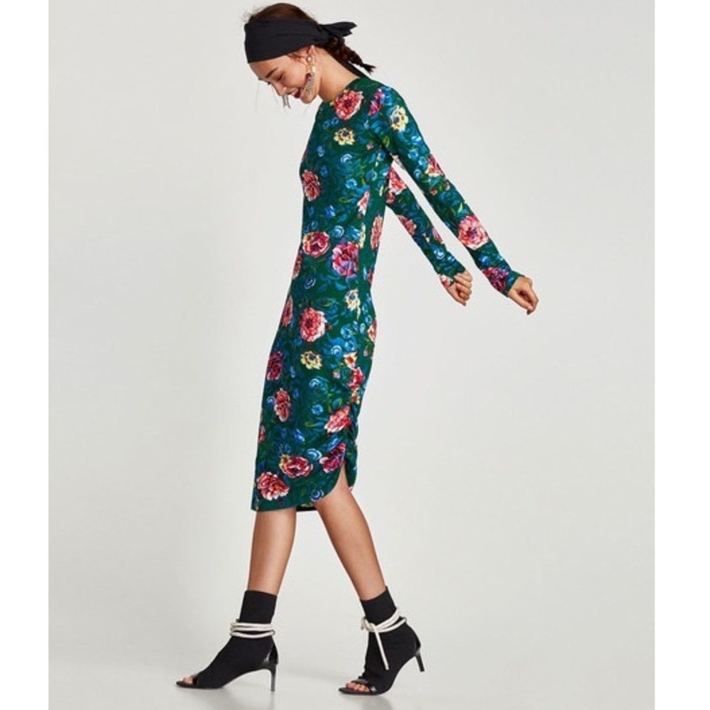Zara Trafaluc Floral Ruched Midi Dress Long Sleeve Crew Neck Green Small